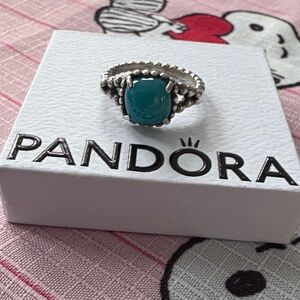 Pandora Beaded Ring with Turquoise Crystal Center Stone in Sterling Silver